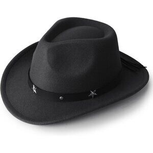 Women's Black Western Faux Star Stud Band Buckle Classic Fedora Cowboy Felt Hat